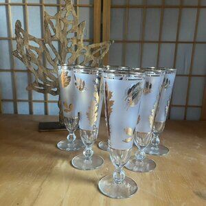 Set Of 6 Libbey Vintage Golden Foliage Pilsner Glasses Frosted Gold Leaf USA